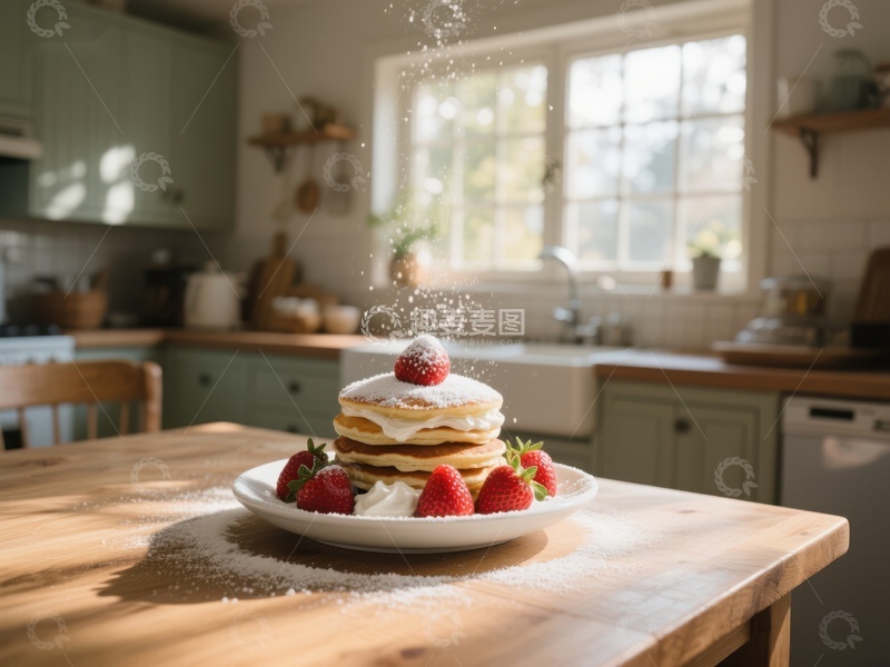高清大图下载【趣麦麦图】厨房餐桌上的草莓松饼