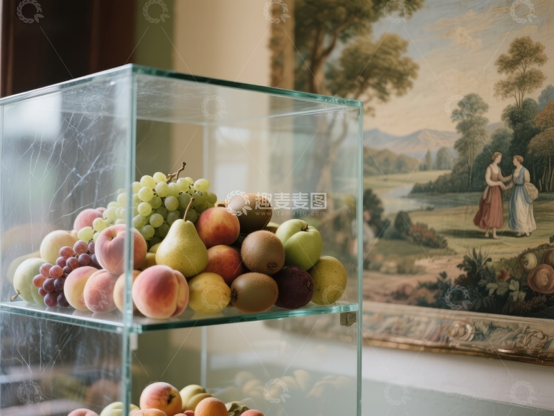 高清大图下载【趣麦麦图】玻璃柜中的水果与古典画背景