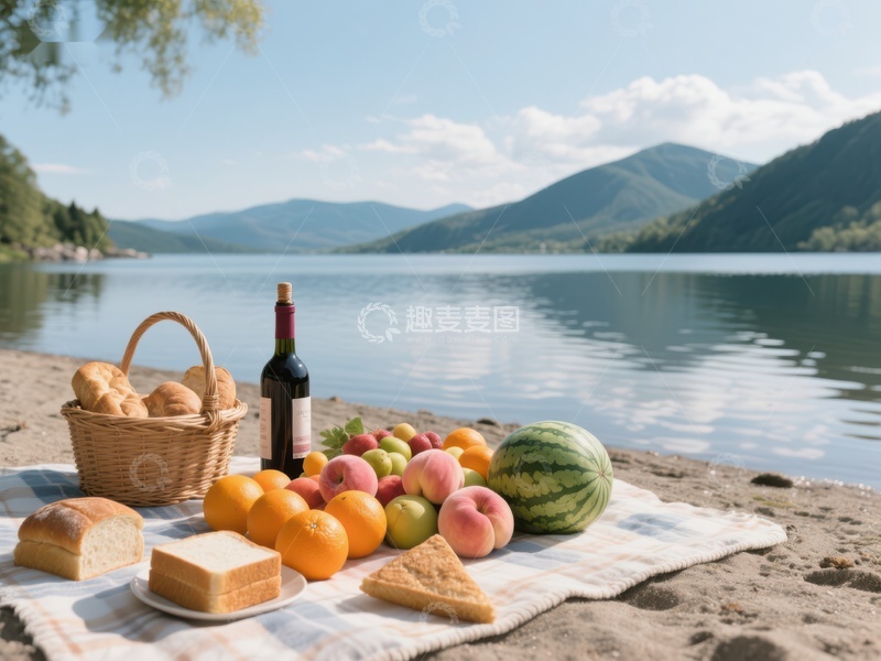 高清大图下载【趣麦麦图】湖畔野餐，水果面包与美酒