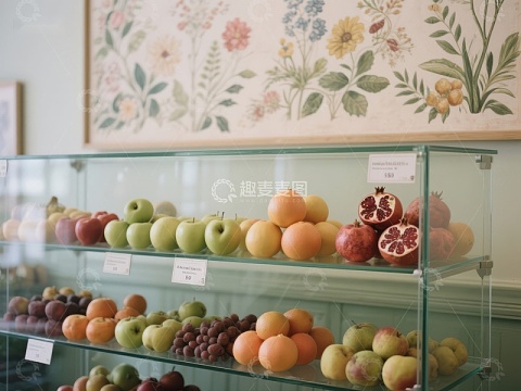 玻璃柜展示新鲜水果