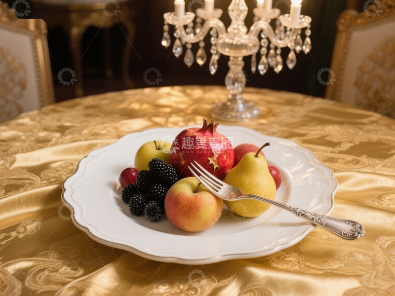 高清大图下载【趣麦麦图】金色桌布上的水果盘