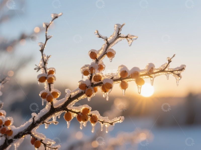 高清大图下载【趣麦麦图】冬日晨曦中的冰挂果实