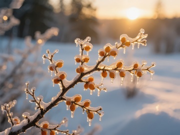 冬日枝头冰晶与果实