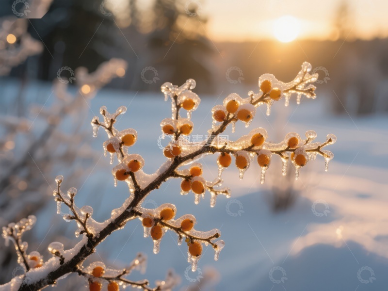 高清大图下载【趣麦麦图】冬日枝头冰晶与果实