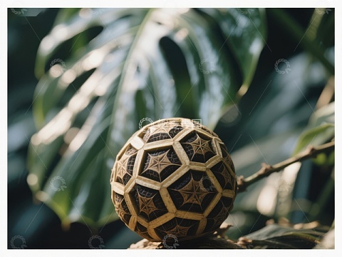 几何球体置于绿叶背景中