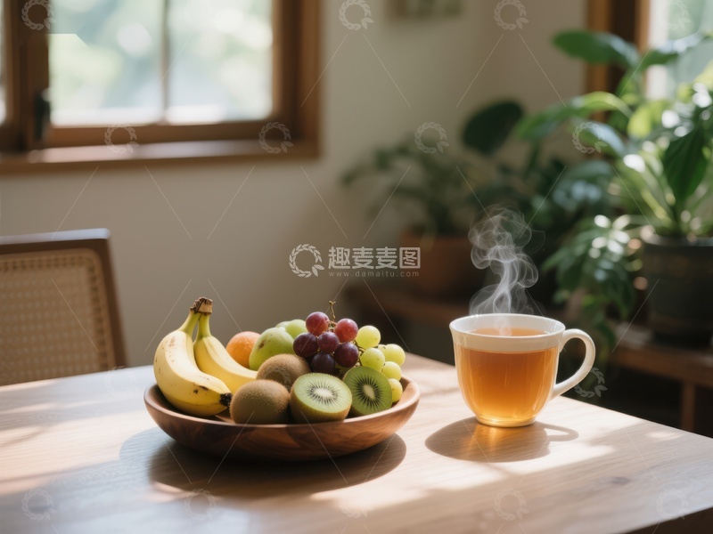 高清大图下载【趣麦麦图】水果盘与热茶的温馨早晨