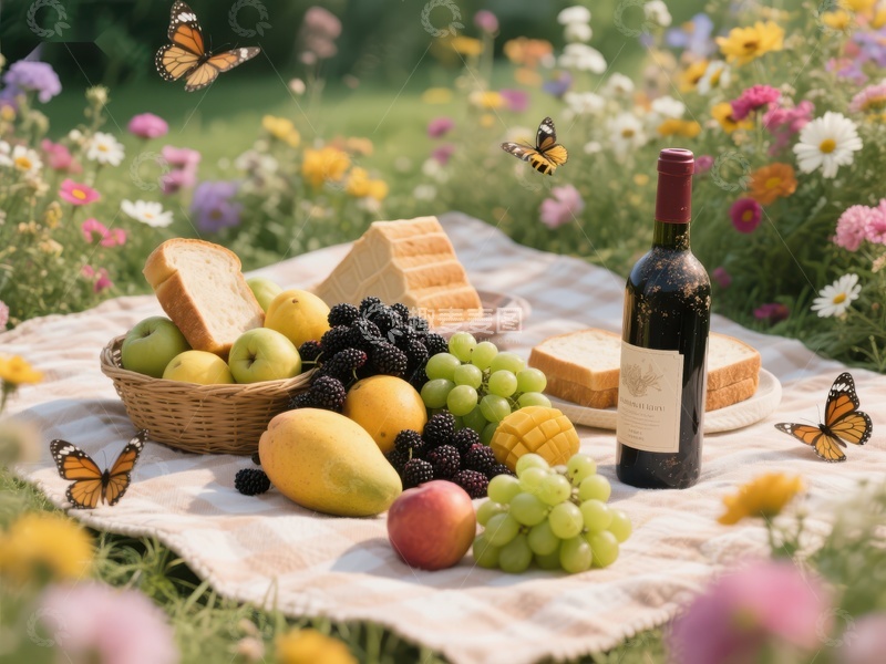 高清大图下载【趣麦麦图】野餐布上的美食与蝴蝶