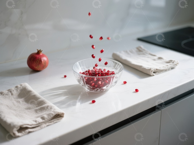 高清大图下载【趣麦麦图】石榴籽落入碗中，厨房台面静物