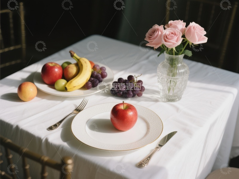 高清大图下载【趣麦麦图】餐桌上的水果与玫瑰花