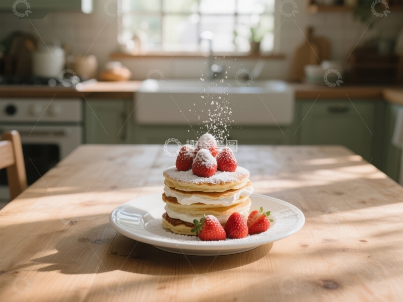 高清大图下载【趣麦麦图】草莓奶油煎饼堆叠在阳光厨房中