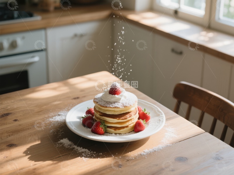 高清大图下载【趣麦麦图】草莓松饼撒糖粉，厨房温馨早餐