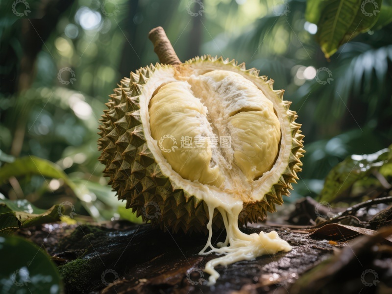 高清大图下载【趣麦麦图】热带雨林中的新鲜榴莲