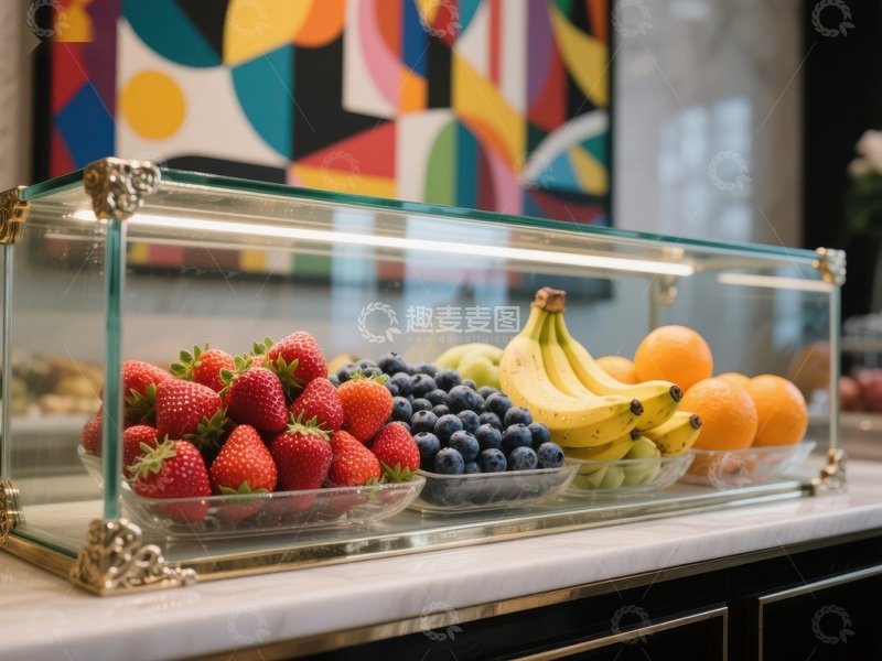高清大图下载【趣麦麦图】新鲜水果陈列于玻璃展示柜中