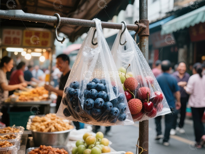 市场摊位前悬挂的蓝莓与草莓