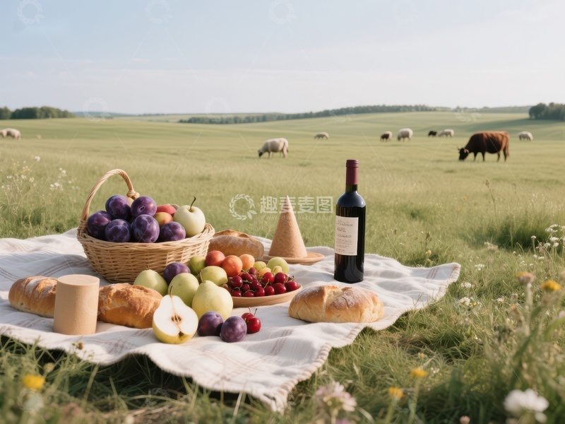 高清大图下载【趣麦麦图】田野野餐，水果面包与红酒