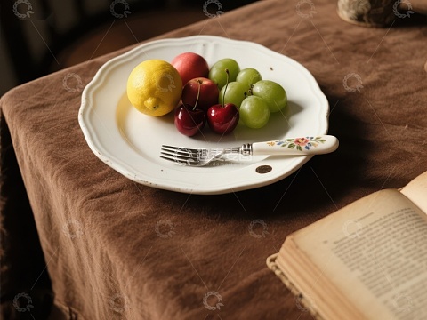 盘中水果与书页的静谧时光