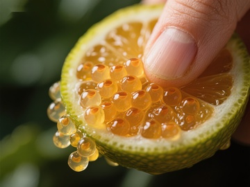 手指轻压柑橘，汁液如珠滴落