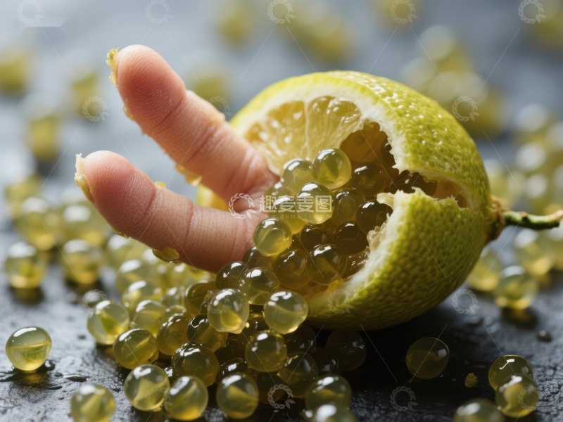 高清大图下载【趣麦麦图】手指轻触爆浆柠檬，汁液四溢