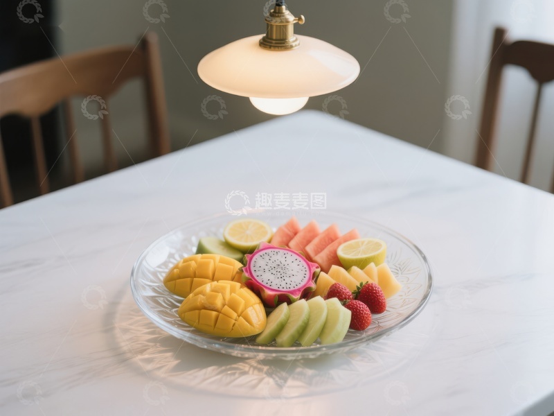 高清大图下载【趣麦麦图】色彩缤纷的水果拼盘置于餐桌之上