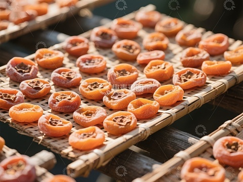 竹筛上晾晒的柿饼