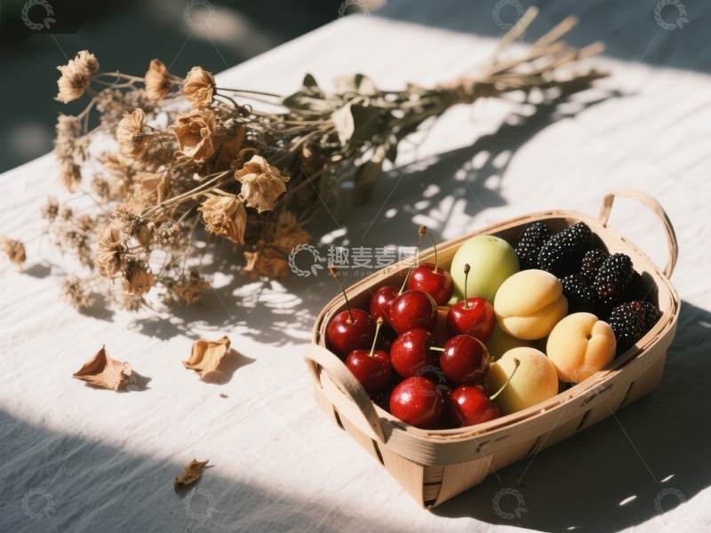 高清大图下载【趣麦麦图】篮中樱桃与干花的静谧组合