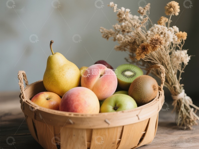 高清大图下载【趣麦麦图】篮子里的水果与干花