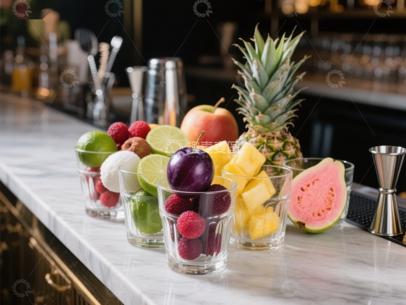 高清大图下载【趣麦麦图】吧台上的新鲜水果与饮品准备