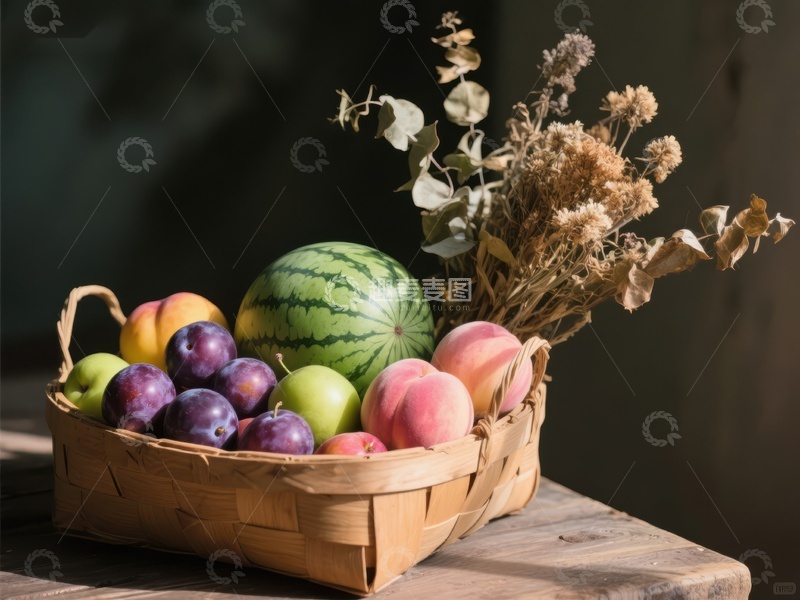 高清大图下载【趣麦麦图】篮子里的水果与干花