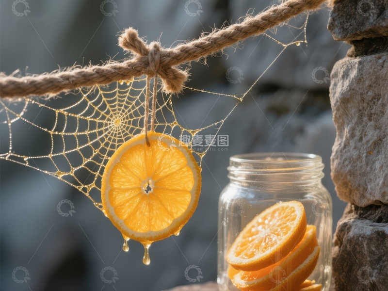 高清大图下载【趣麦麦图】橙片悬挂蛛网，罐中亦藏橙片
