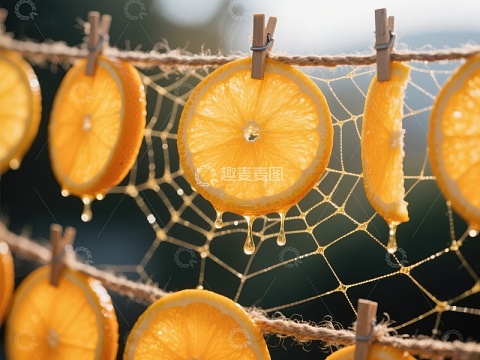 橙片晾晒网中，阳光透射