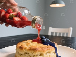 草莓酱浇灌松饼的美味瞬间