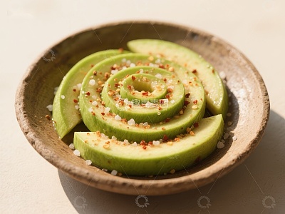 盘中螺旋切片的鳄梨配辣椒盐