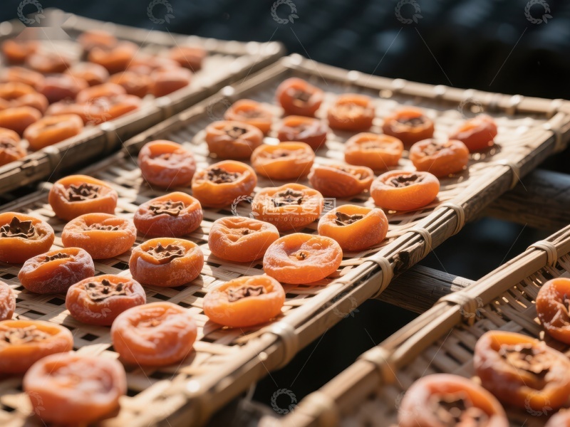 高清大图下载【趣麦麦图】竹匾上晾晒的柿子干