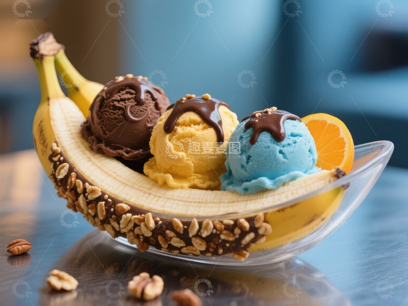高清大图下载【趣麦麦图】香蕉船冰淇淋，色彩缤纷的甜品