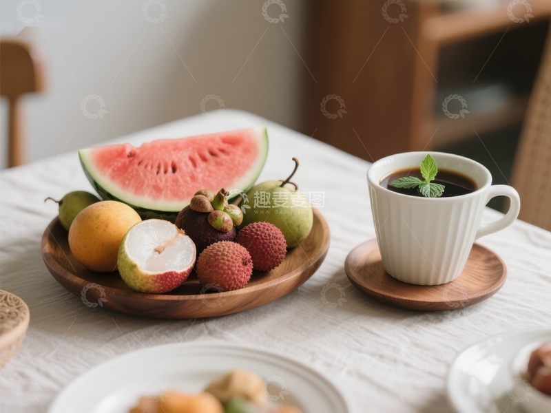 高清大图下载【趣麦麦图】水果拼盘与咖啡杯的静谧早餐