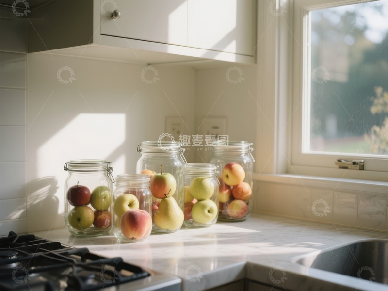 高清大图下载【趣麦麦图】厨房窗边的苹果罐