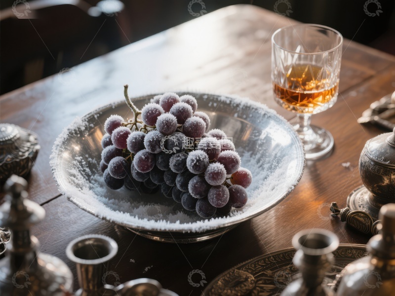 高清大图下载【趣麦麦图】霜冻葡萄与酒杯的静物组合