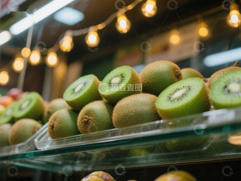 高清大图下载【趣麦麦图】新鲜猕猴桃展示在灯光下的货架上