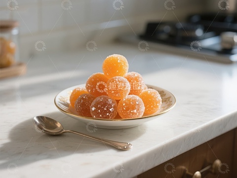 橙色糖球置于金色碗中