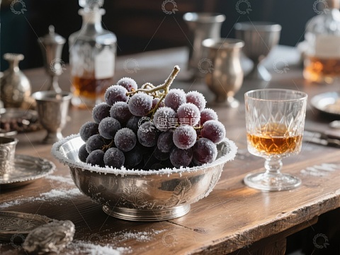 银碗中的糖霜葡萄与酒杯