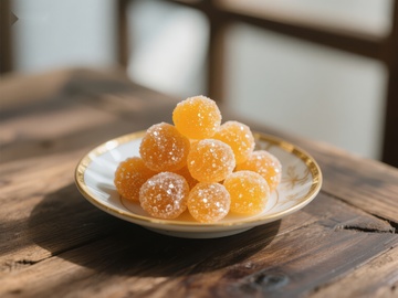 金黄色糖渍橘子堆放在瓷盘中