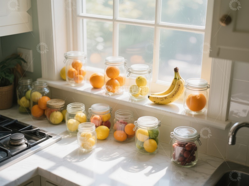 高清大图下载【趣麦麦图】窗台上的玻璃罐与新鲜水果
