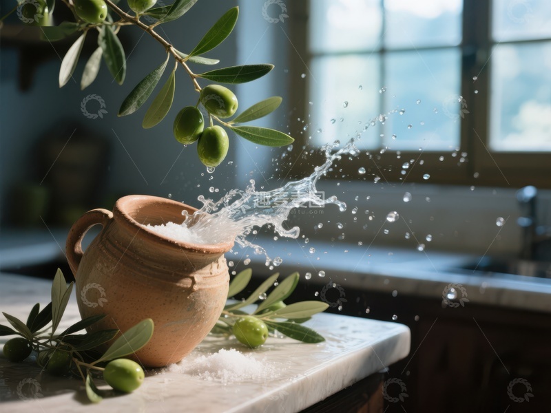 高清大图下载【趣麦麦图】橄榄枝与陶罐中的水花飞溅