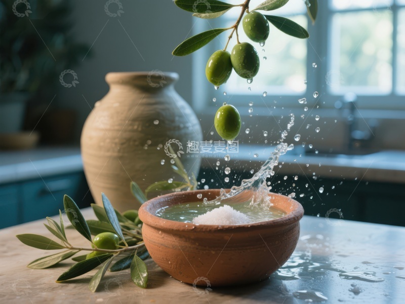 高清大图下载【趣麦麦图】橄榄落入陶碗，水花四溅