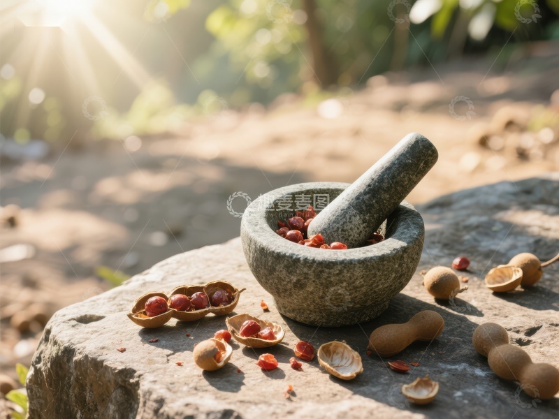 高清大图下载【趣麦麦图】石臼研磨果实，阳光洒落自然场景