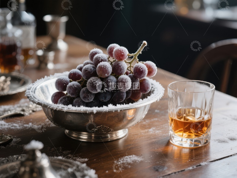 高清大图下载【趣麦麦图】银碗中的霜冻葡萄与威士忌