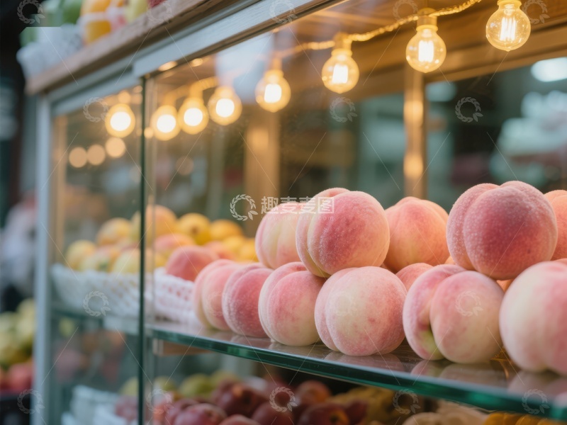 高清大图下载【趣麦麦图】新鲜桃子陈列在灯光下的展示柜中