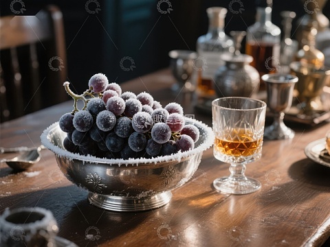 霜冻葡萄与酒杯的复古餐桌布置