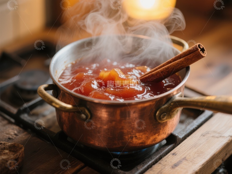 高清大图下载【趣麦麦图】热气腾腾的铜锅炖煮果酱