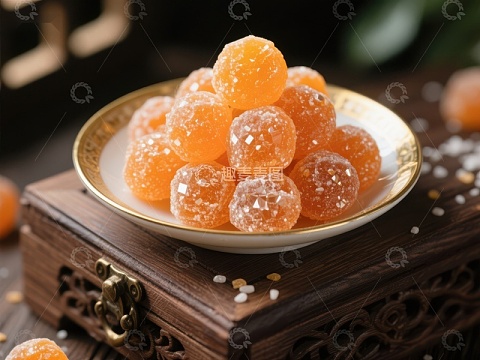 金桔蜜饯盛于古风木盒之上